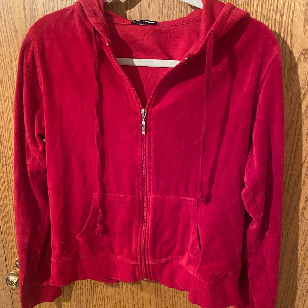 Red Velour Track Jacket Zip w/Hoodie
